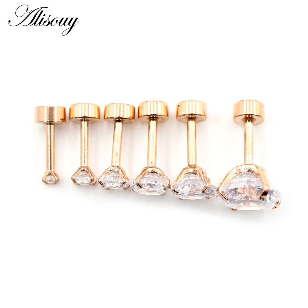 Alisouy 2pcs Stainless steel Unisex Women Men Round Crystal Zircon Ear Studs Earrings  4 Prong Tragus Cartilage Piercing Jewelry