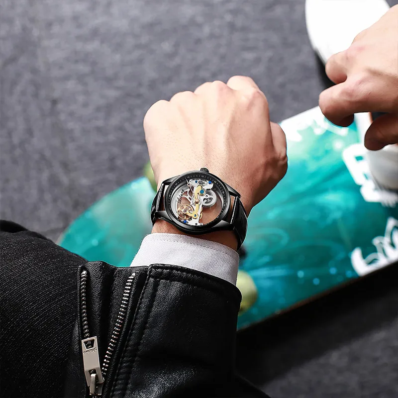 AILANG Skeleton Mechanical Mens Watches Top Brand Luxury Steampunk Transparent Hollow Automatic Watch Relogio Masculino 8625