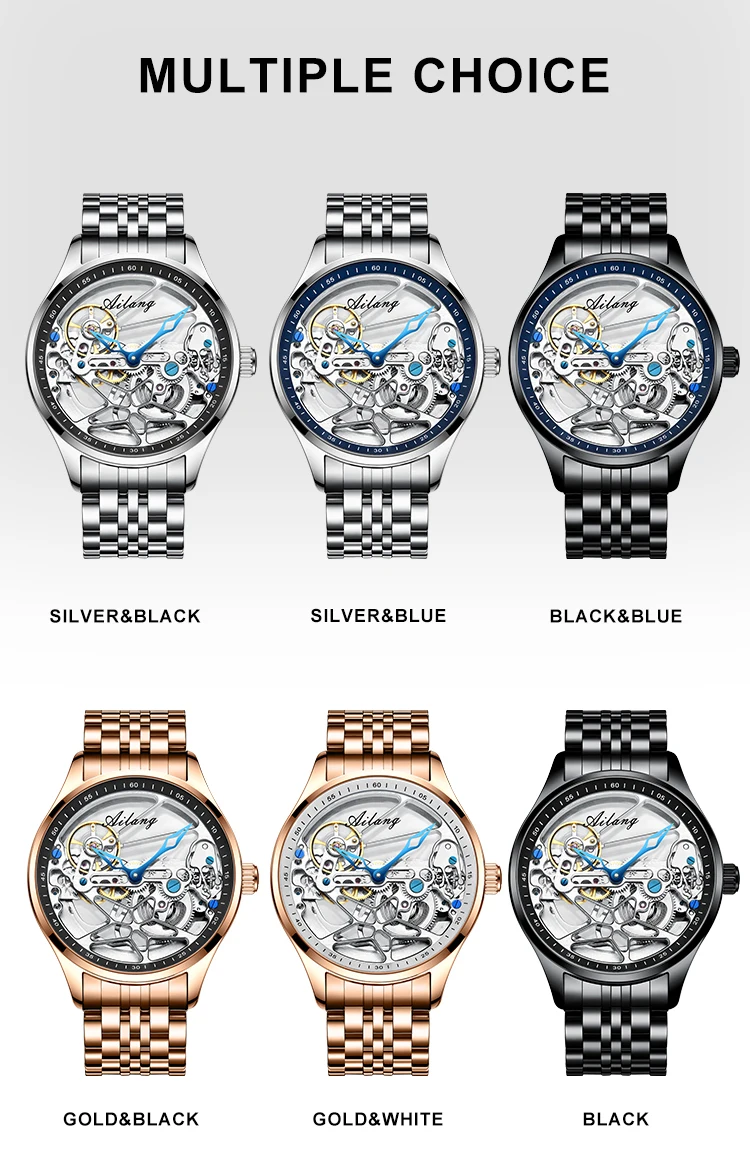 AILANG Skeleton Mechanical Mens Watches Top Brand Luxury Steampunk Transparent Hollow Automatic Watch Relogio Masculino 8625