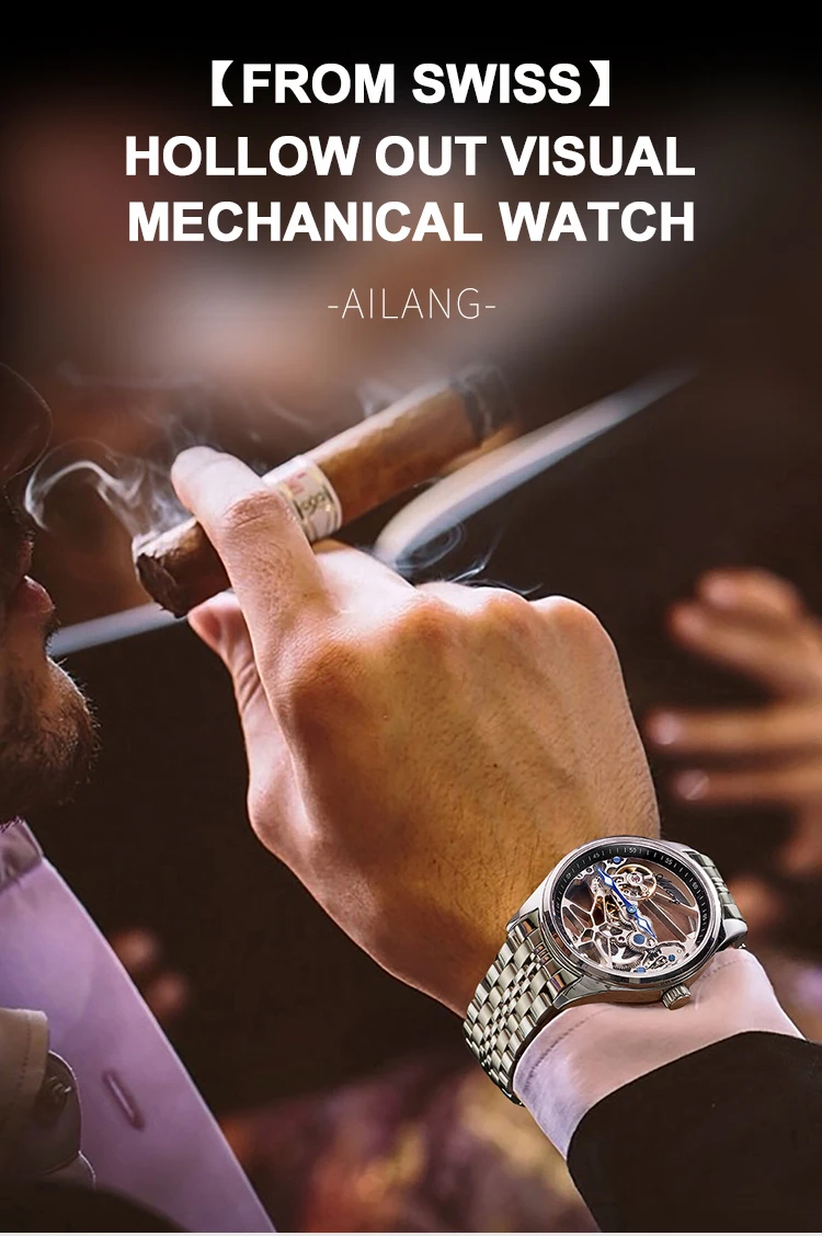 AILANG Skeleton Mechanical Mens Watches Top Brand Luxury Steampunk Transparent Hollow Automatic Watch Relogio Masculino 8625