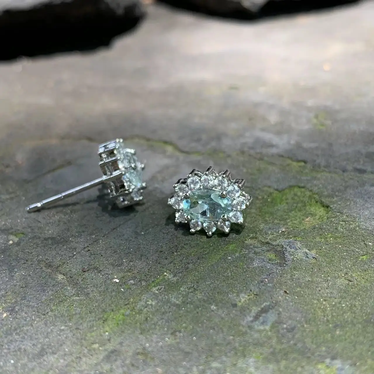 Genuine Natural Blue Topaz 925 Sterling Silver Stud Earrings for women Jewelry Gift 1.4ct Ocean Blue Topaz Oval Pave CZ