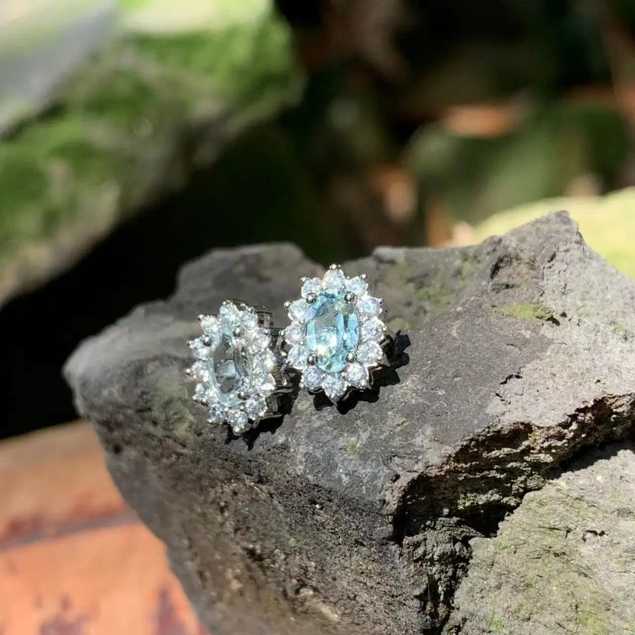 Genuine Natural Blue Topaz 925 Sterling Silver Stud Earrings for women Jewelry Gift 1.4ct Ocean Blue Topaz Oval Pave CZ