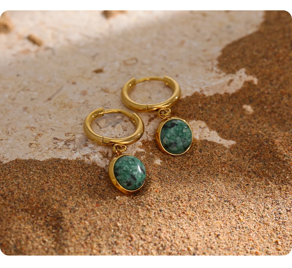 Yhpup Stainless Steel Green Natural Stone Hoop Earrings New Golden Metal Geometric Charm Jewelry Joyería Acero Inoxidable Mujer