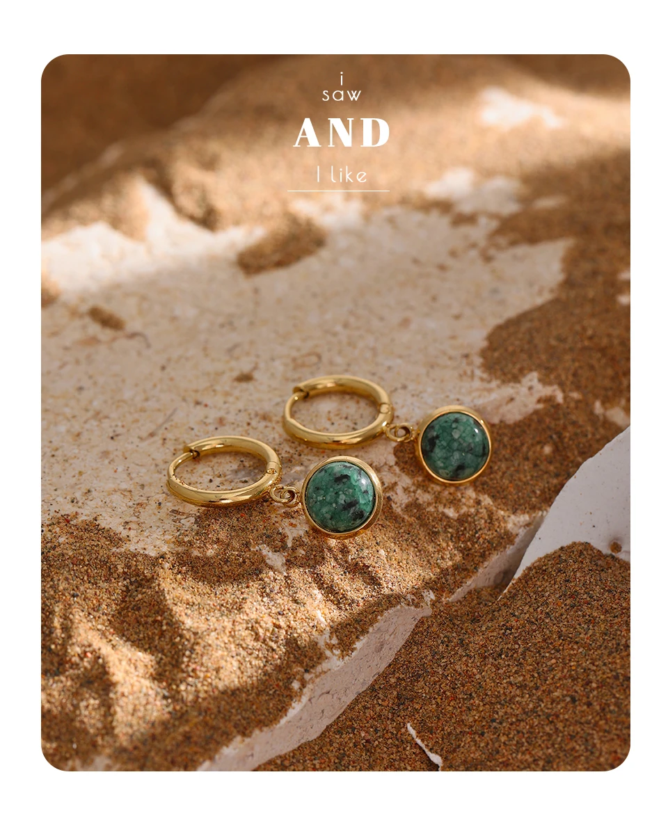 Yhpup Stainless Steel Green Natural Stone Hoop Earrings New Golden Metal Geometric Charm Jewelry Joyería Acero Inoxidable Mujer