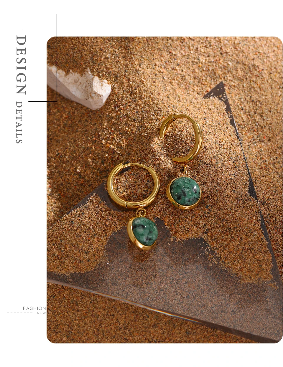 Yhpup Stainless Steel Green Natural Stone Hoop Earrings New Golden Metal Geometric Charm Jewelry Joyería Acero Inoxidable Mujer