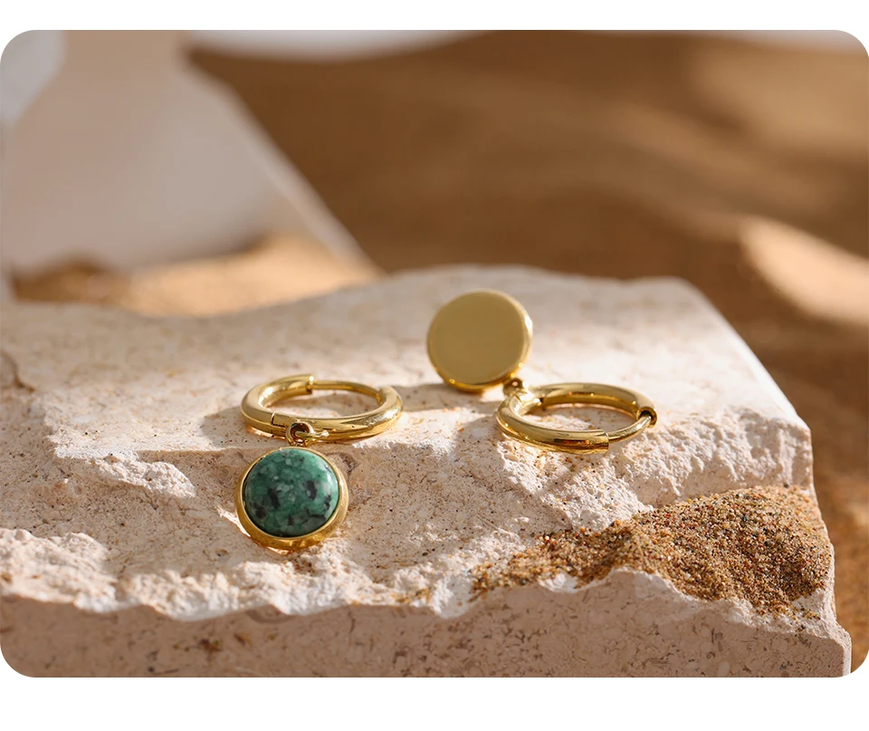 Yhpup Stainless Steel Green Natural Stone Hoop Earrings New Golden Metal Geometric Charm Jewelry Joyería Acero Inoxidable Mujer
