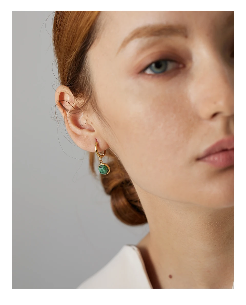 Yhpup Stainless Steel Green Natural Stone Hoop Earrings New Golden Metal Geometric Charm Jewelry Joyería Acero Inoxidable Mujer