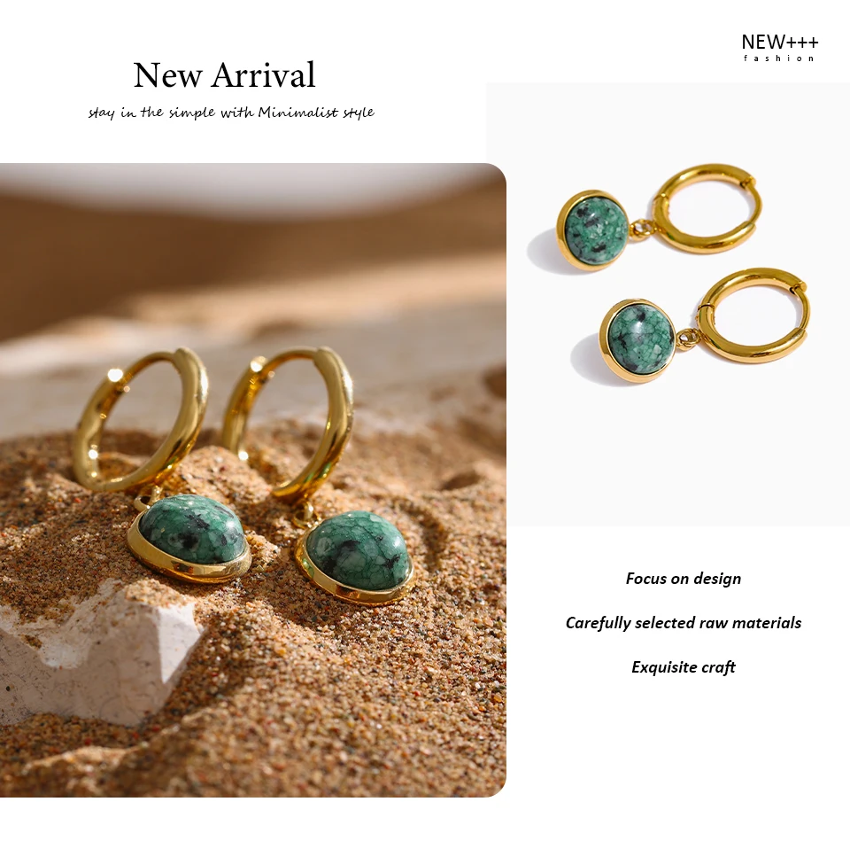 Yhpup Stainless Steel Green Natural Stone Hoop Earrings New Golden Metal Geometric Charm Jewelry Joyería Acero Inoxidable Mujer