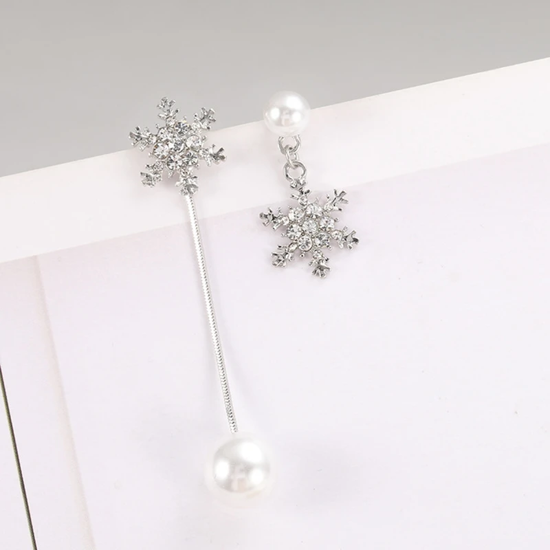 Korean Temperament Asymmetrical Snowflake Imitation Pearl Pendant Earrings for Woman Personality Wild Long Chain Tassel Brincos