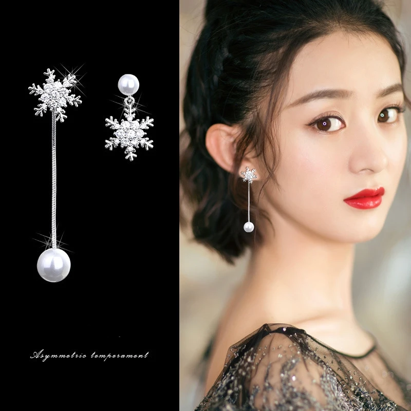 Korean Temperament Asymmetrical Snowflake Imitation Pearl Pendant Earrings for Woman Personality Wild Long Chain Tassel Brincos