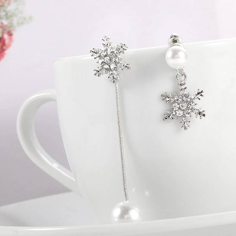 Korean Temperament Asymmetrical Snowflake Imitation Pearl Pendant Earrings for Woman Personality Wild Long Chain Tassel Brincos