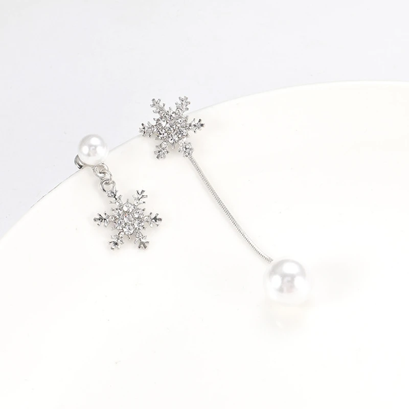 Korean Temperament Asymmetrical Snowflake Imitation Pearl Pendant Earrings for Woman Personality Wild Long Chain Tassel Brincos