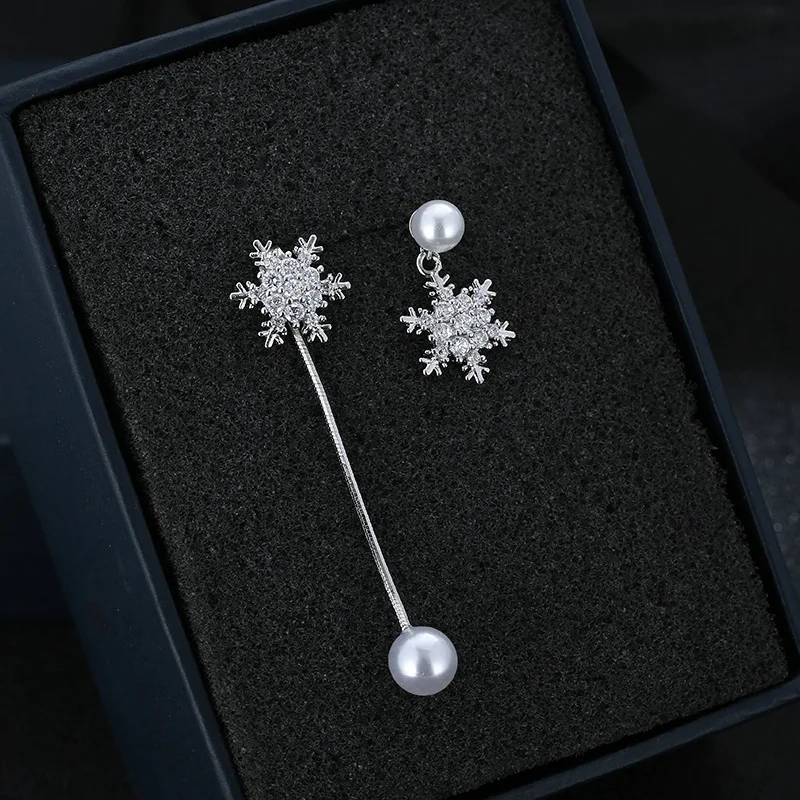 Korean Temperament Asymmetrical Snowflake Imitation Pearl Pendant Earrings for Woman Personality Wild Long Chain Tassel Brincos