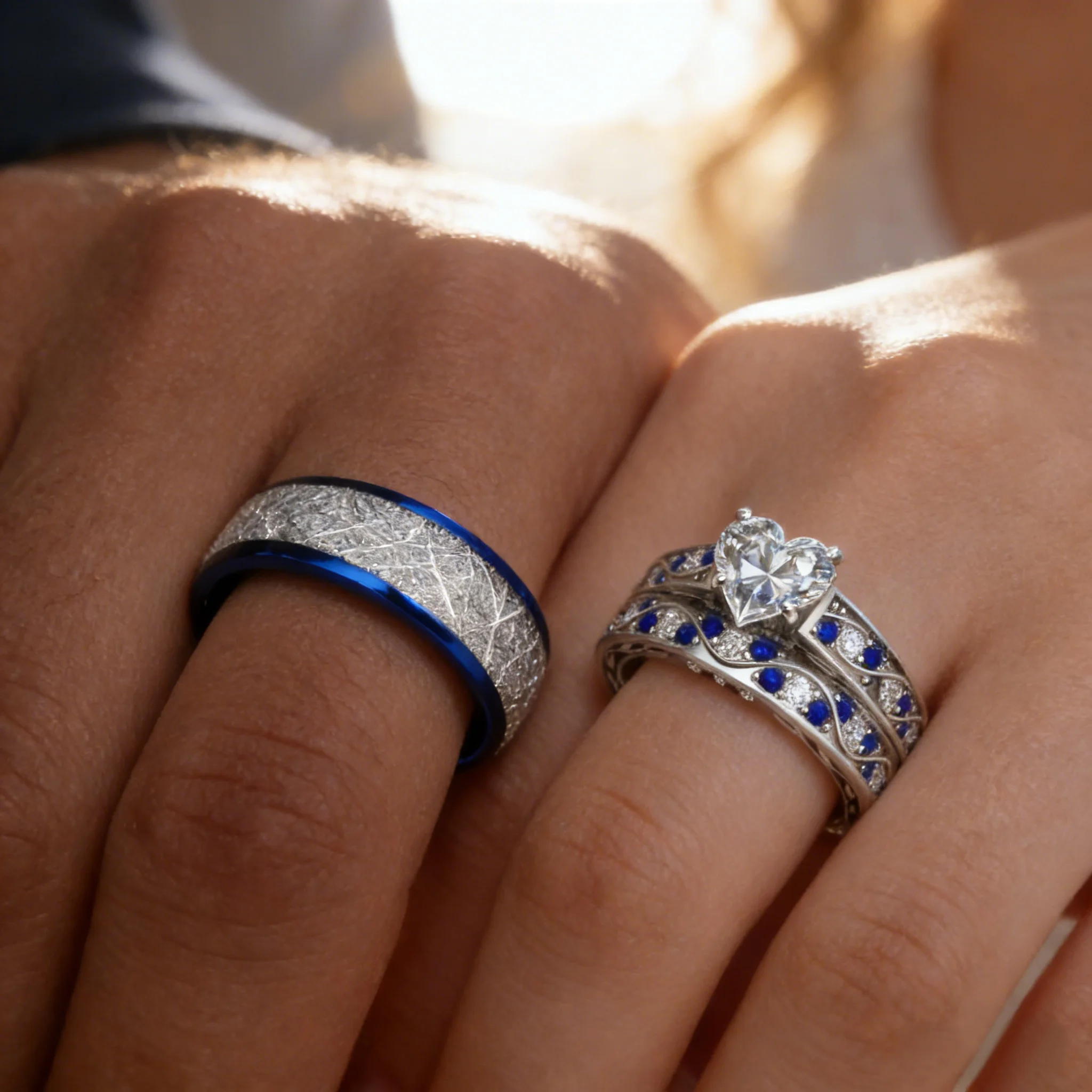 Fashion Couple Rings Romantic Women Heart Zircon Stone Rings Set Men's Blue Stainless Steel Ring Wedding Party Jewelry Gifts
