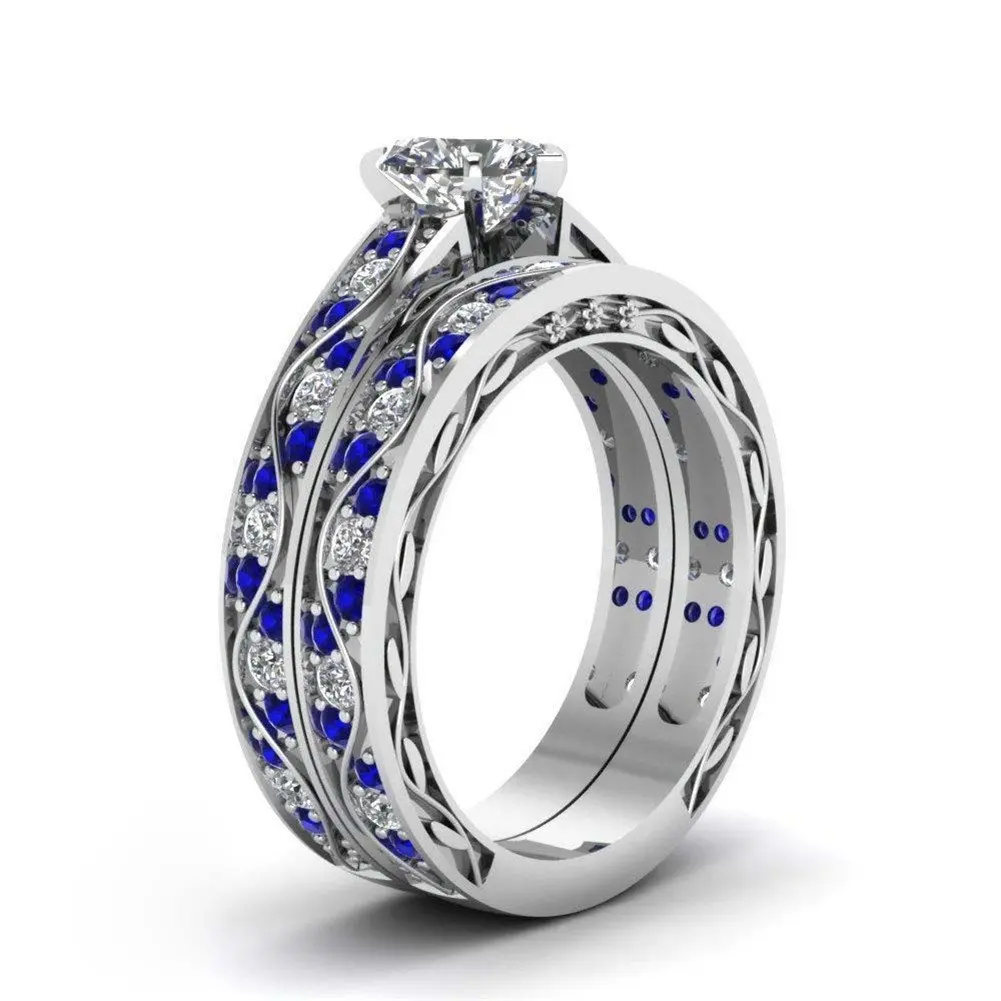 Fashion Couple Rings Romantic Women Heart Zircon Stone Rings Set Men's Blue Stainless Steel Ring Wedding Party Jewelry Gifts