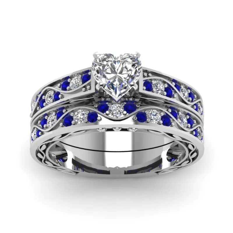 Fashion Couple Rings Romantic Women Heart Zircon Stone Rings Set Men's Blue Stainless Steel Ring Wedding Party Jewelry Gifts