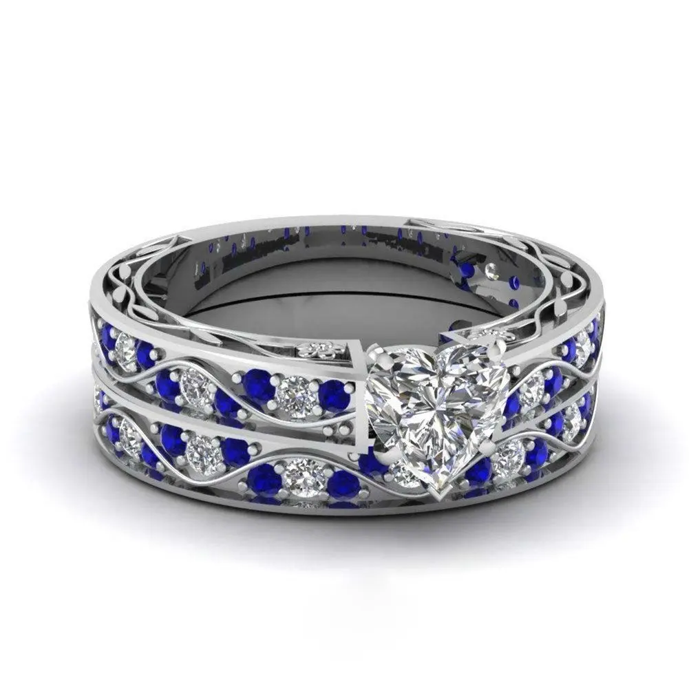 Fashion Couple Rings Romantic Women Heart Zircon Stone Rings Set Men's Blue Stainless Steel Ring Wedding Party Jewelry Gifts