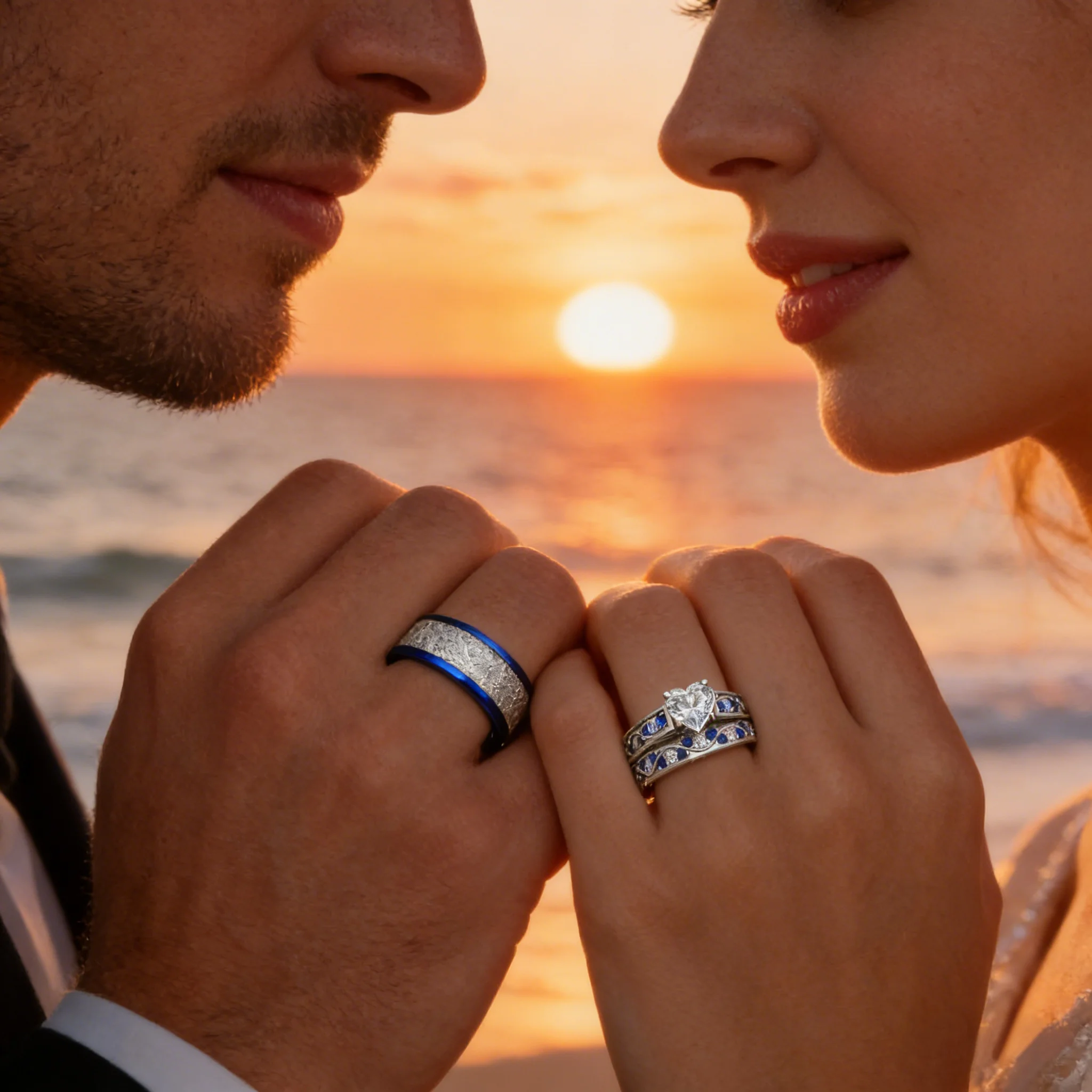 Fashion Couple Rings Romantic Women Heart Zircon Stone Rings Set Men's Blue Stainless Steel Ring Wedding Party Jewelry Gifts
