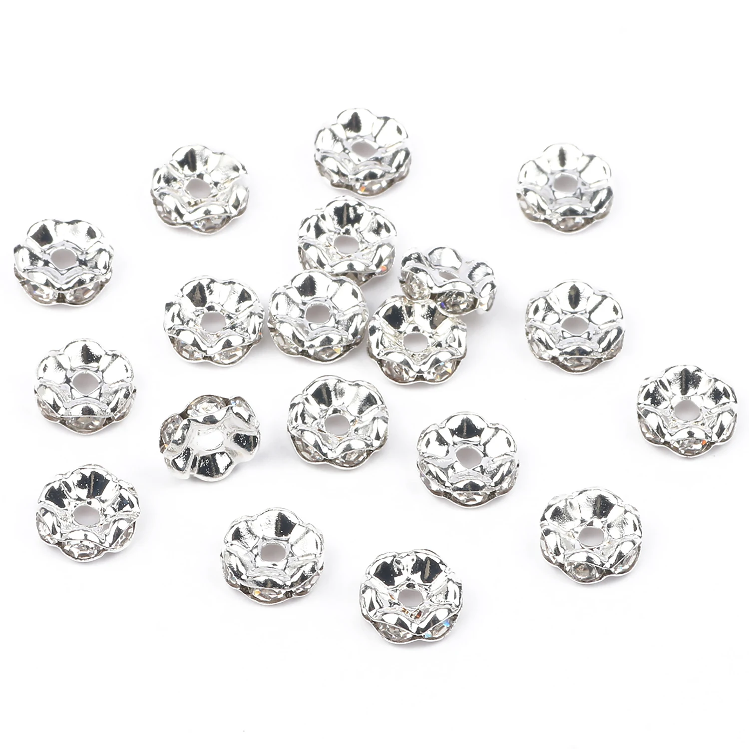 50Pcs/Lot 4/6/8/10mm Mixed Color Rhinestone Rondelle Crystal Crimp Round Loose Spacer Beads for Jewelry Making DIY Accessories