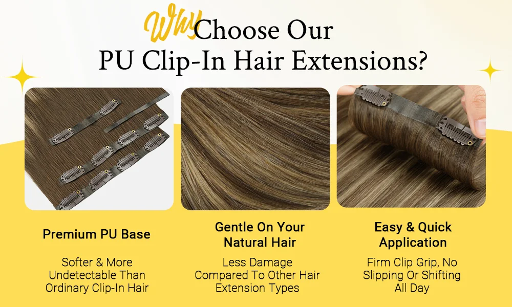 Sunmofavo PU Clip Hair Extensions Human Hair Invisible Balayage Ombre Blonde Color Skin Weft Remy Hair Extensions 150G With Clip