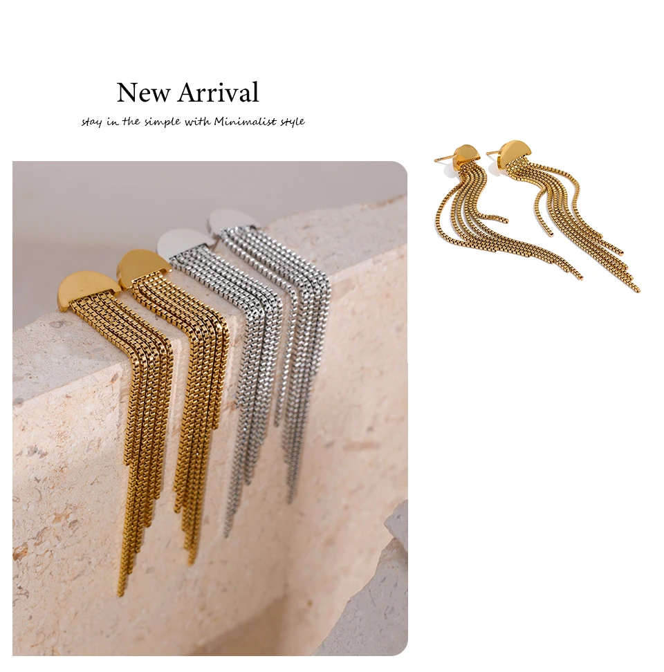 Yhpup Fashion Stainless Steel Long Tassel Drop Dangle Party Earrings Metal Rust Proof 18K Gold Color Plated Charm Jewelry Bijoux