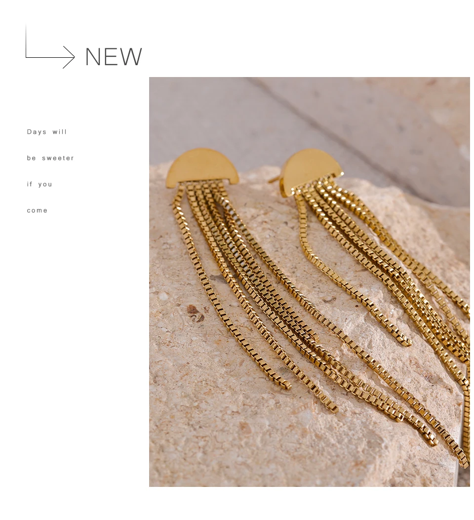 Yhpup Fashion Stainless Steel Long Tassel Drop Dangle Party Earrings Metal Rust Proof 18K Gold Color Plated Charm Jewelry Bijoux