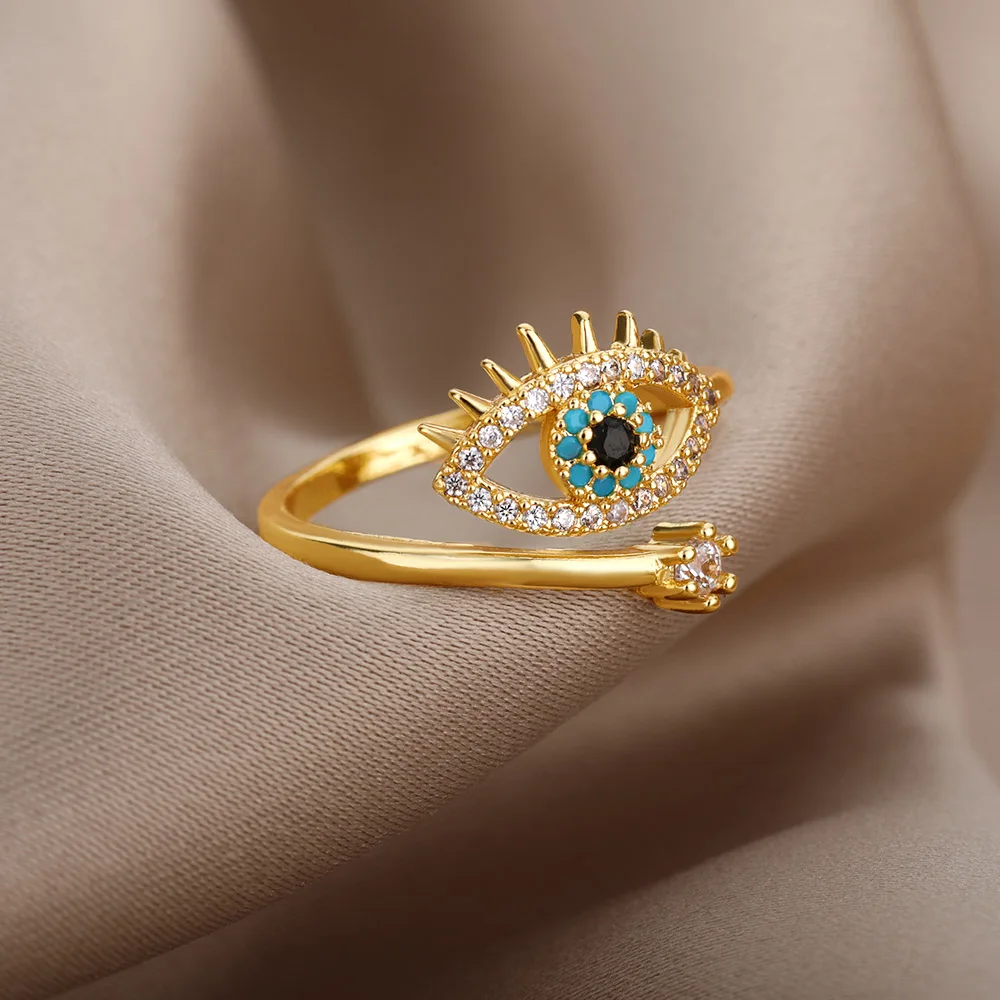 Lucky Turkish Blue Evil Eye Rings For Women Open Adjustable Stainless Steel Ring 2024 Trend Wedding Band Couple Jewelry Gift