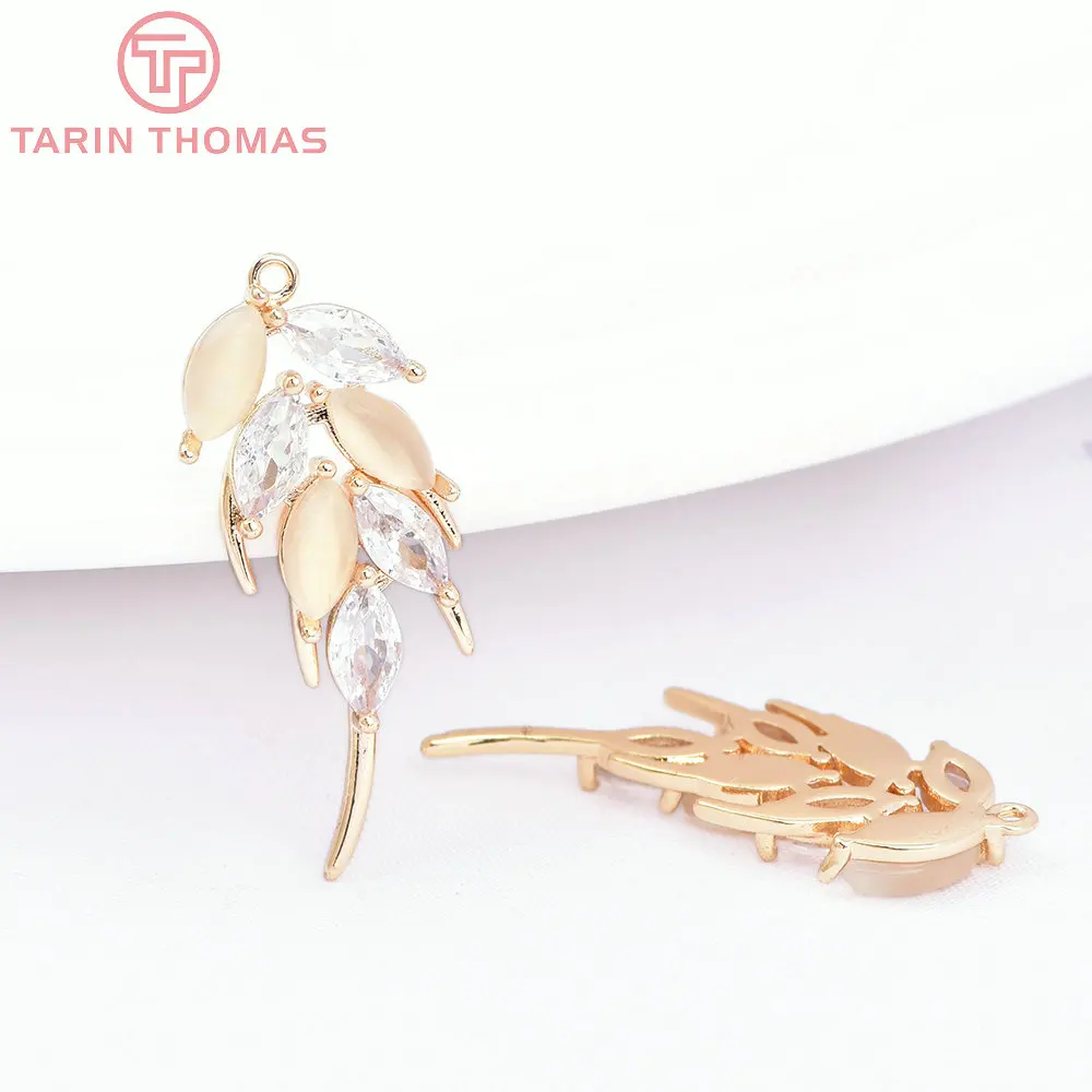 (7139) 4PCS 10.5x27MM 24K Gold Color Brass with Zircon Feather Charms Pendants Jewelry Making Findings Accessories Wholesale