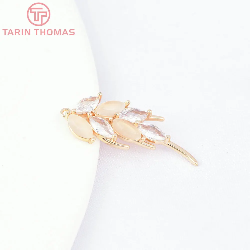 (7139) 4PCS 10.5x27MM 24K Gold Color Brass with Zircon Feather Charms Pendants Jewelry Making Findings Accessories Wholesale