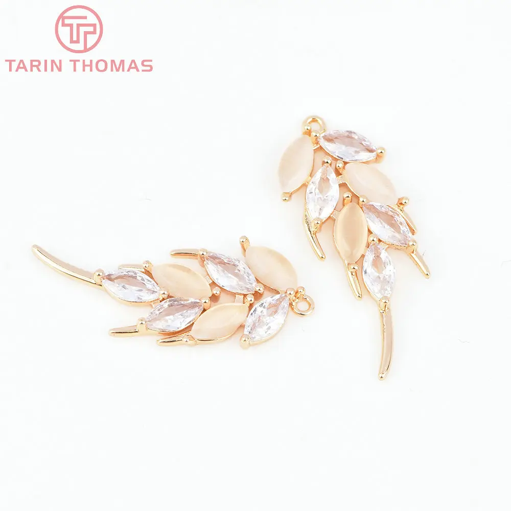 (7139) 4PCS 10.5x27MM 24K Gold Color Brass with Zircon Feather Charms Pendants Jewelry Making Findings Accessories Wholesale