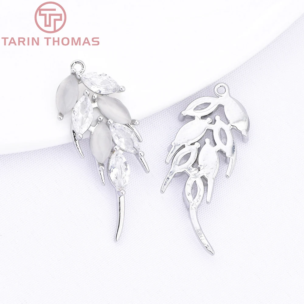 (7139) 4PCS 10.5x27MM 24K Gold Color Brass with Zircon Feather Charms Pendants Jewelry Making Findings Accessories Wholesale