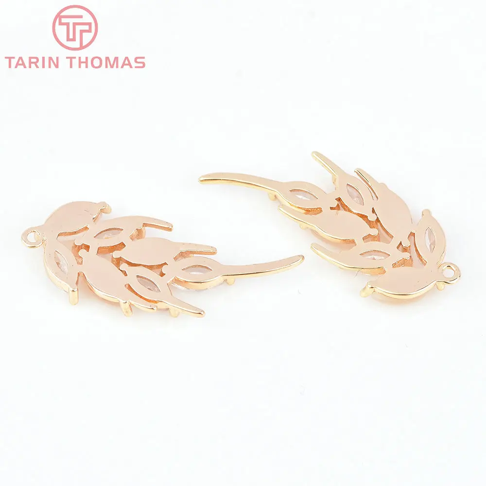 (7139) 4PCS 10.5x27MM 24K Gold Color Brass with Zircon Feather Charms Pendants Jewelry Making Findings Accessories Wholesale
