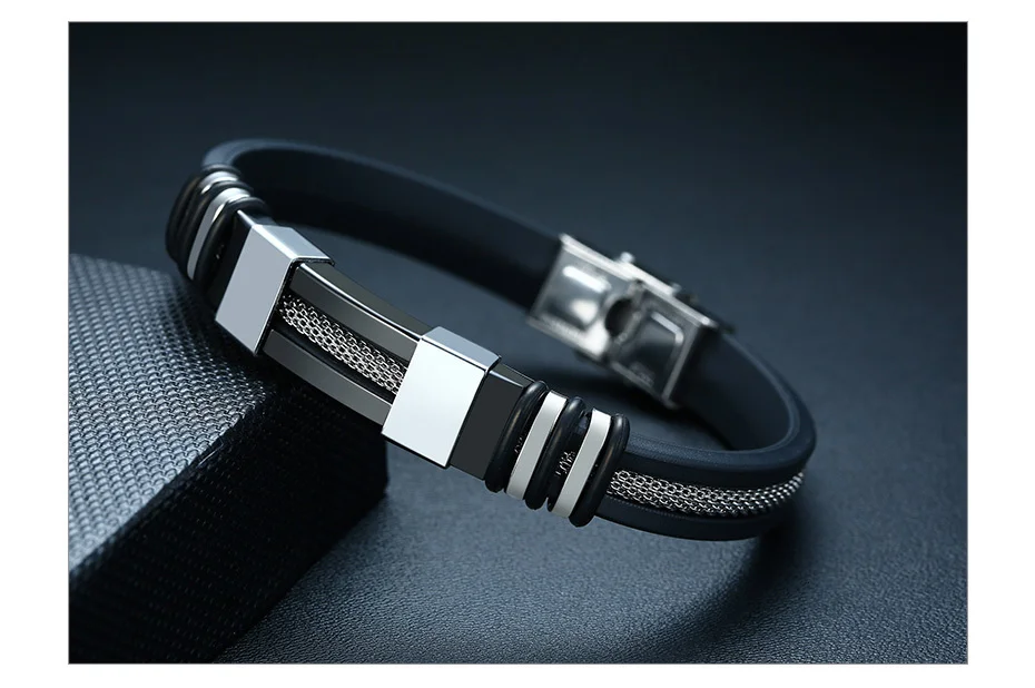 Vnox Stainless Steel Bracelet Men Wrist Band Black Grooved Rudder Silicone Mesh Link Insert Punk Wristband Stylish Casual Bangle