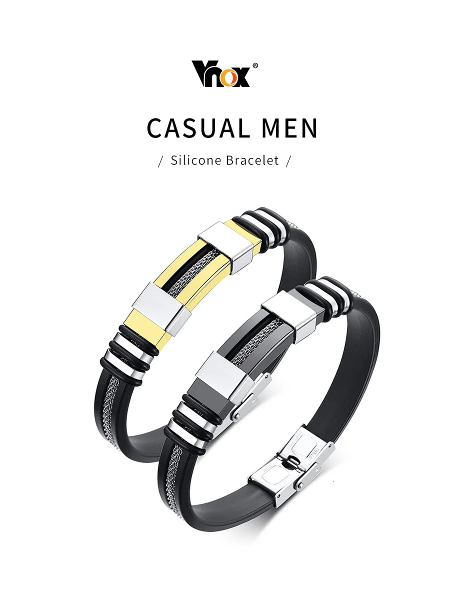 Vnox Stainless Steel Bracelet Men Wrist Band Black Grooved Rudder Silicone Mesh Link Insert Punk Wristband Stylish Casual Bangle