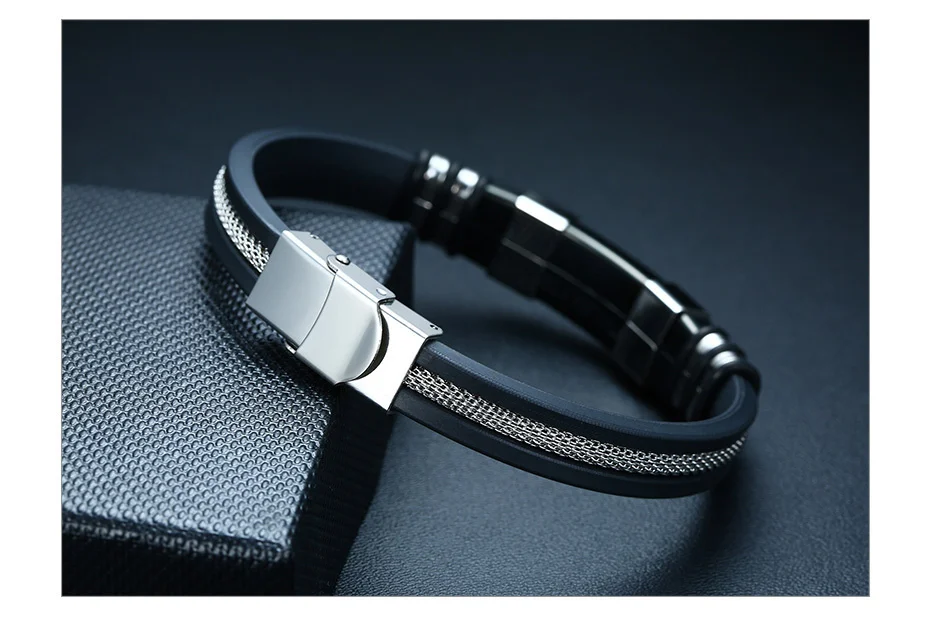Vnox Stainless Steel Bracelet Men Wrist Band Black Grooved Rudder Silicone Mesh Link Insert Punk Wristband Stylish Casual Bangle