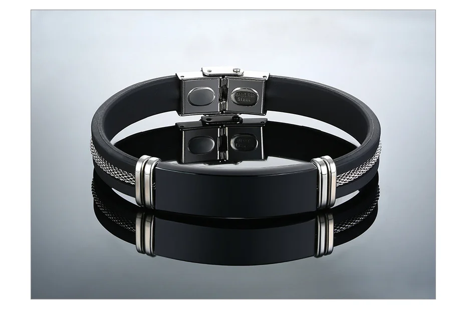 Vnox Stainless Steel Bracelet Men Wrist Band Black Grooved Rudder Silicone Mesh Link Insert Punk Wristband Stylish Casual Bangle