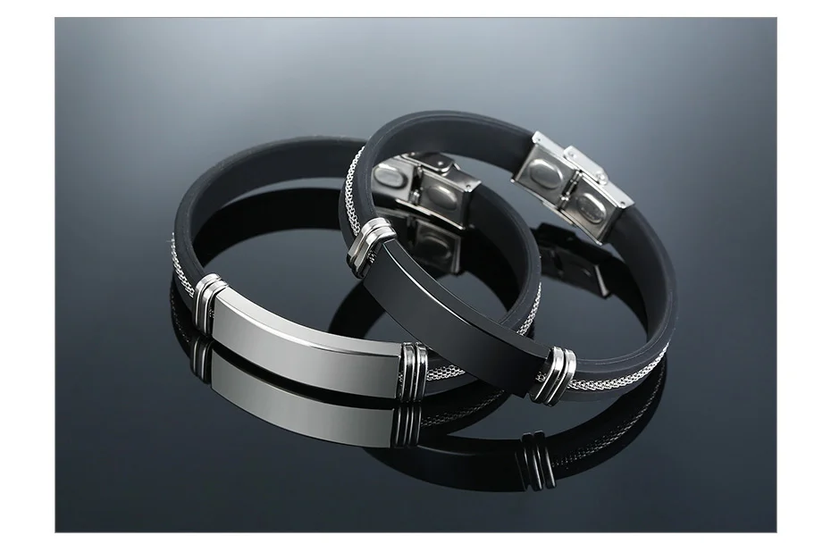 Vnox Stainless Steel Bracelet Men Wrist Band Black Grooved Rudder Silicone Mesh Link Insert Punk Wristband Stylish Casual Bangle