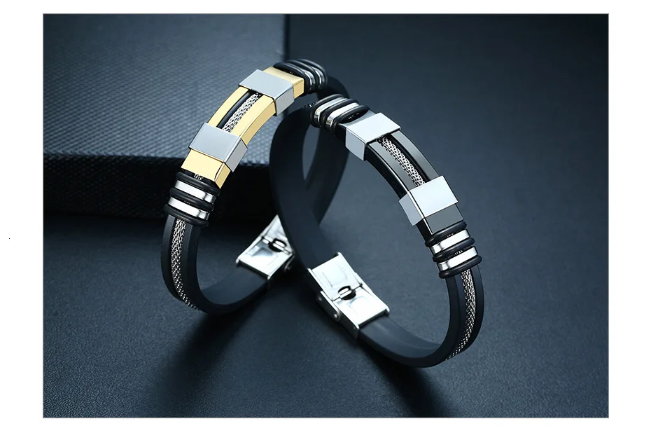 Vnox Stainless Steel Bracelet Men Wrist Band Black Grooved Rudder Silicone Mesh Link Insert Punk Wristband Stylish Casual Bangle
