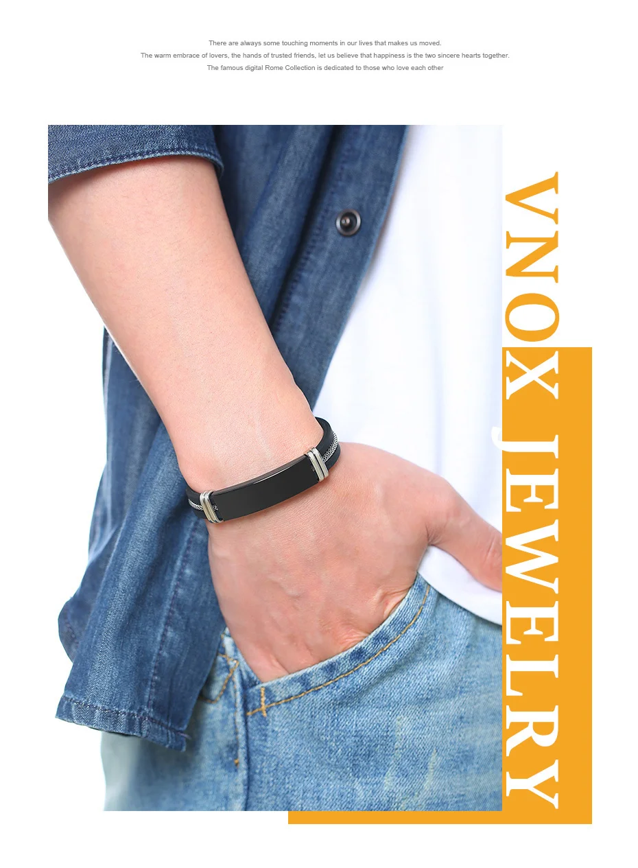 Vnox Stainless Steel Bracelet Men Wrist Band Black Grooved Rudder Silicone Mesh Link Insert Punk Wristband Stylish Casual Bangle