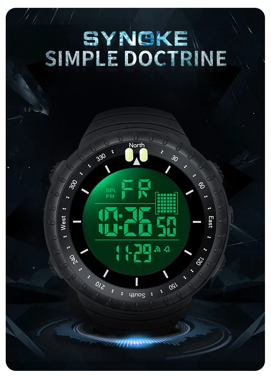SYNOKE Watch Outdoor Sports Multifunctional Waterproof Shock Resistant Large Screen Display Luminous LED Digital Watch For Men