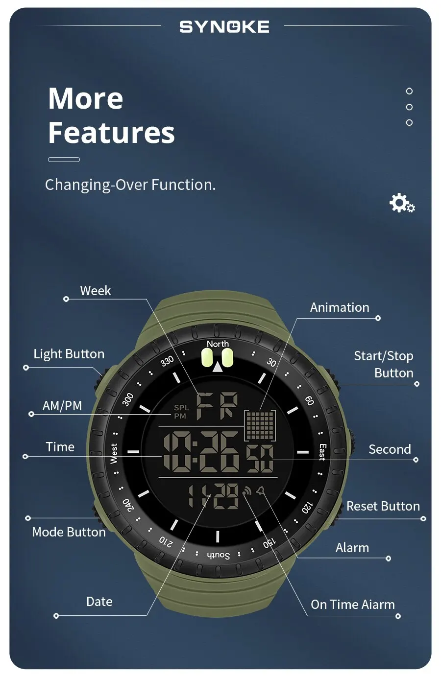 SYNOKE Watch Outdoor Sports Multifunctional Waterproof Shock Resistant Large Screen Display Luminous LED Digital Watch For Men