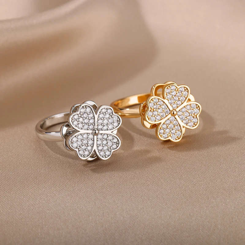 Four Clover Rotating Anxiety Rings for Women Gold Color Adjustable Stainless Steel Wedding Ring Aesthetic Jewelry Gift anillos