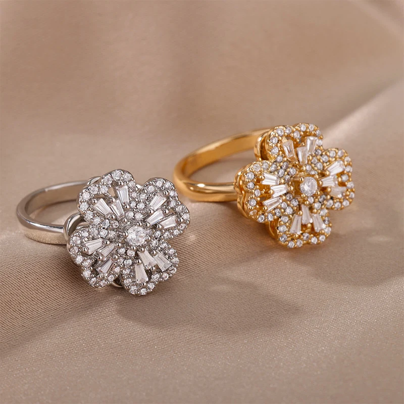 Four Clover Rotating Anxiety Rings for Women Gold Color Adjustable Stainless Steel Wedding Ring Aesthetic Jewelry Gift anillos