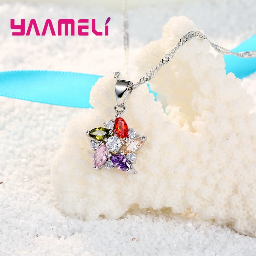 925 Sterling Silver Color Pendant Necklace Earrings Romantic Ethnic Style Windmill Shape Colorful/White Crystal Stone For Girl