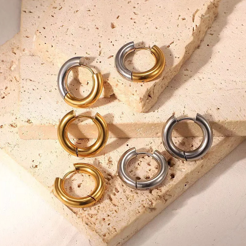Stainless Steel Hoop Earring For Men Women Simple Hip Hop Rock Gold Color Piercing Punk Chic Jewelry Korean Chunky Earrings