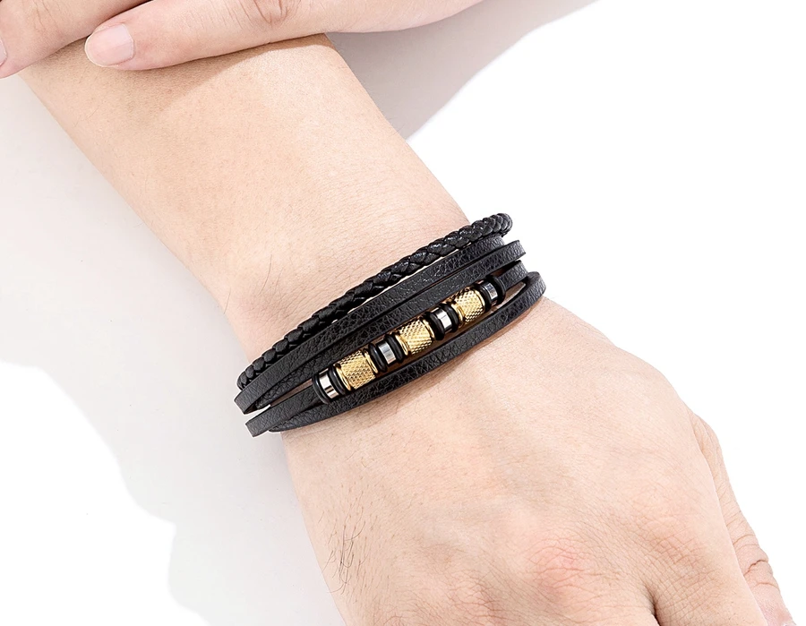 XQNI Fashion Handmade Multi-Layer Leather Bracelets for Men Women Wristband Stainless Steel Button Bangle Accessories Jewelry