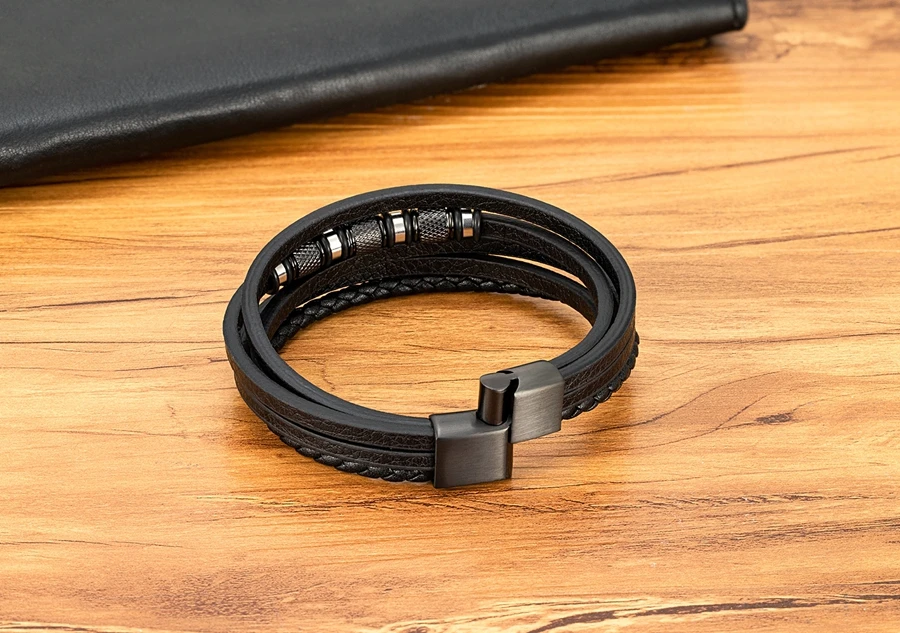XQNI Fashion Handmade Multi-Layer Leather Bracelets for Men Women Wristband Stainless Steel Button Bangle Accessories Jewelry