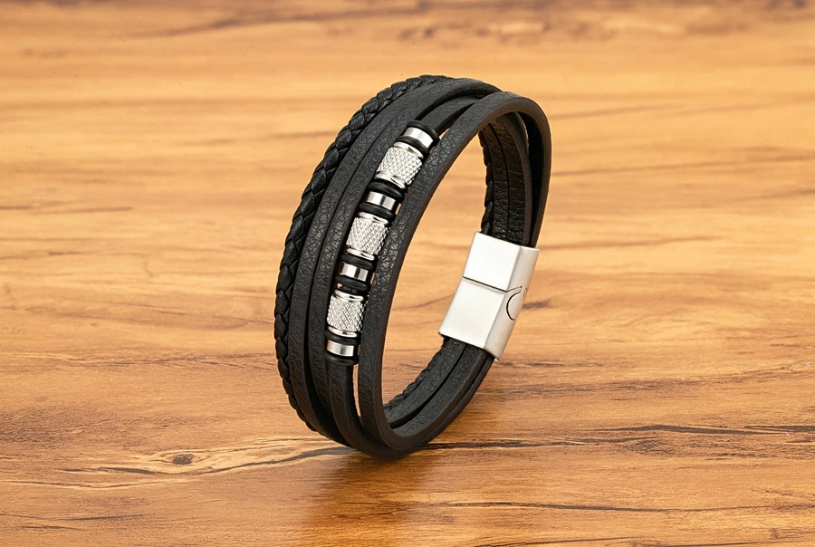 XQNI Fashion Handmade Multi-Layer Leather Bracelets for Men Women Wristband Stainless Steel Button Bangle Accessories Jewelry