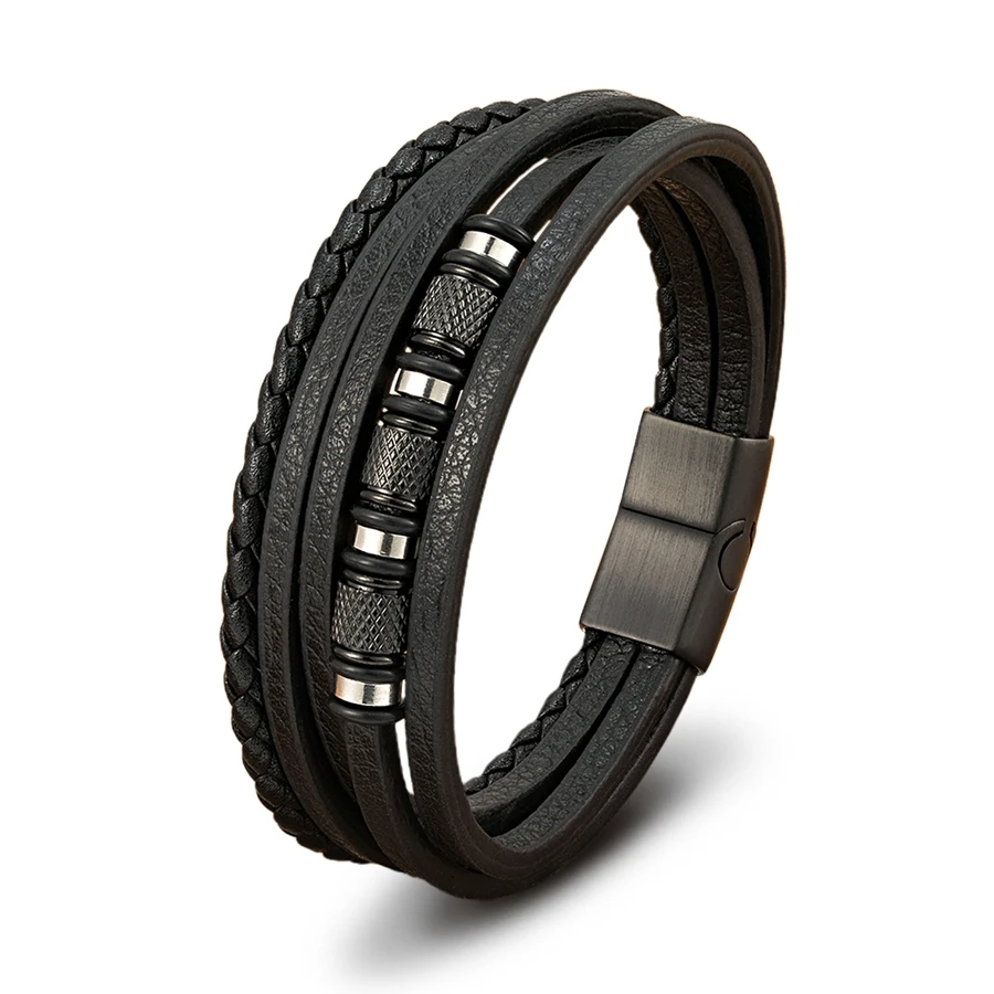 XQNI Fashion Handmade Multi-Layer Leather Bracelets for Men Women Wristband Stainless Steel Button Bangle Accessories Jewelry
