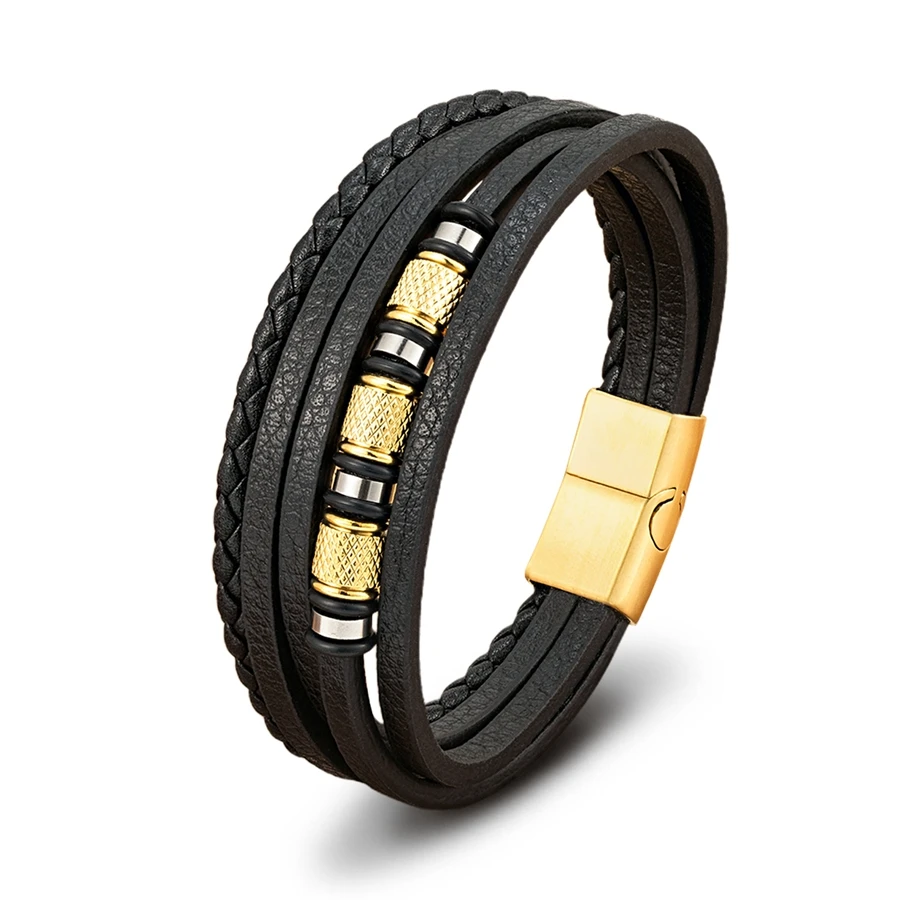 XQNI Fashion Handmade Multi-Layer Leather Bracelets for Men Women Wristband Stainless Steel Button Bangle Accessories Jewelry